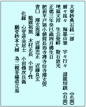 テキスト ボックス: 大乗妙典石経一部                   　　(正面)
層々落々　海墨山筆　宇々行々　諸龍垣鎮 (右面)
地福天祥　生公臺畔　斯石放光
正徳三年癸巳歳四月佛生日
肥前平戸領小値賀長寿寺禅寺住寺澤玄叟
書□　澤玄恵藩　近藤忠正　近藤良玄
　　　聡錐祖旭　木村正長　小田了性
化縁　心誉道金居士　小田傳次兵衛
　　　　　願誉妙本大姉　為二親菩薩造立焉
